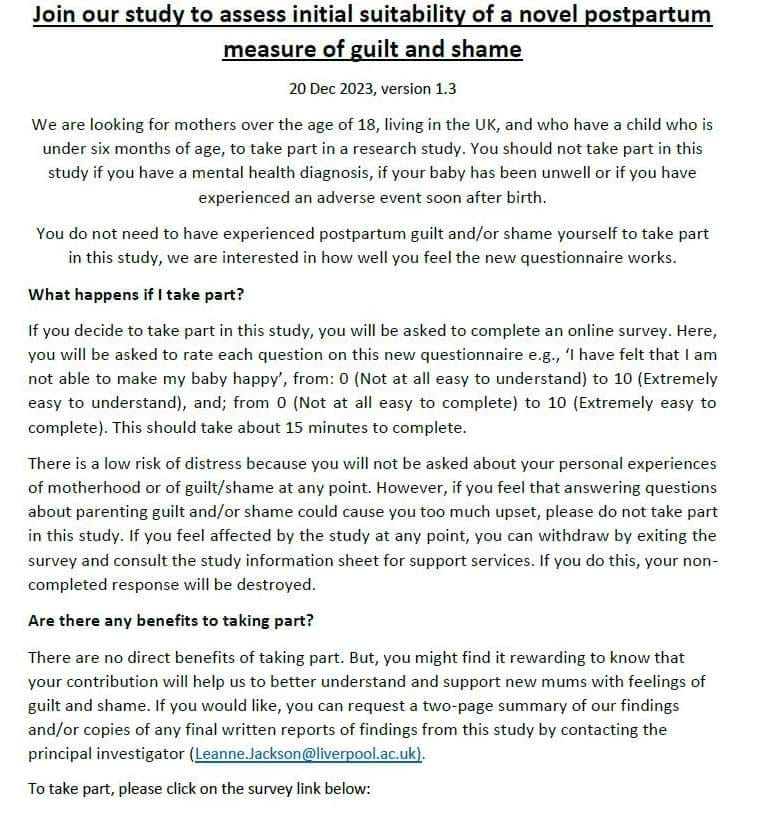 Dr Leanne Jackson (@leanne_jacksuol) on Twitter photo Please RT! I am recruiting women who have given birth in the past 6 months to complete an online survey: livpsych.eu.qualtrics.com/jfe/form/SV_aa…
<a href="/mums_aid/">MumsAid</a>
@PMHSproject <a href="/PIVOTAL_Collab/">PIVOT-AL</a> <a href="/GeminiResearch/">Gemini Study UCL</a> <a href="/Rachel_Hawkins_/">Rachel Hawkins</a> <a href="/HannahGriffin93/">Hannah Griffin</a>
<a href="/zoe_darwin/">zoe darwin</a>
@LindaMortimer20 <a href="/DrRebeccaWebb/">Dr Rebecca Webb</a>
<a href="/tisha_dasgupta/">Tisha Dasgupta</a> Please RT! I am recruiting women who have given birth in the past 6 months to complete an online survey: livpsych.eu.qualtrics.com/jfe/form/SV_aa…
<a href="/mums_aid/">MumsAid</a>
@PMHSproject <a href="/PIVOTAL_Collab/">PIVOT-AL</a> <a href="/GeminiResearch/">Gemini Study UCL</a> <a href="/Rachel_Hawkins_/">Rachel Hawkins</a> <a href="/HannahGriffin93/">Hannah Griffin</a>
<a href="/zoe_darwin/">zoe darwin</a>
@LindaMortimer20 <a href="/DrRebeccaWebb/">Dr Rebecca Webb</a>
<a href="/tisha_dasgupta/">Tisha Dasgupta</a>