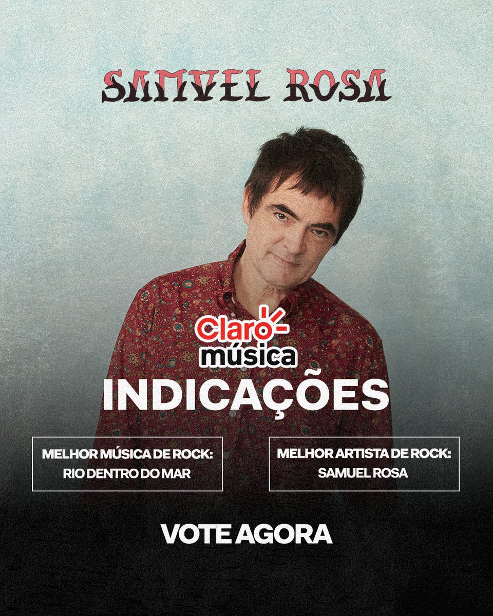 Pessoal, tô muito feliz em compartilhar que fui indicado ao Prêmio Claro Música em duas categorias: Melhor Artista de Rock e Melhor Música de Rock com "Rio Dentro do Mar"! A votação popular já começou e vai até o dia 24/10, às 18h.