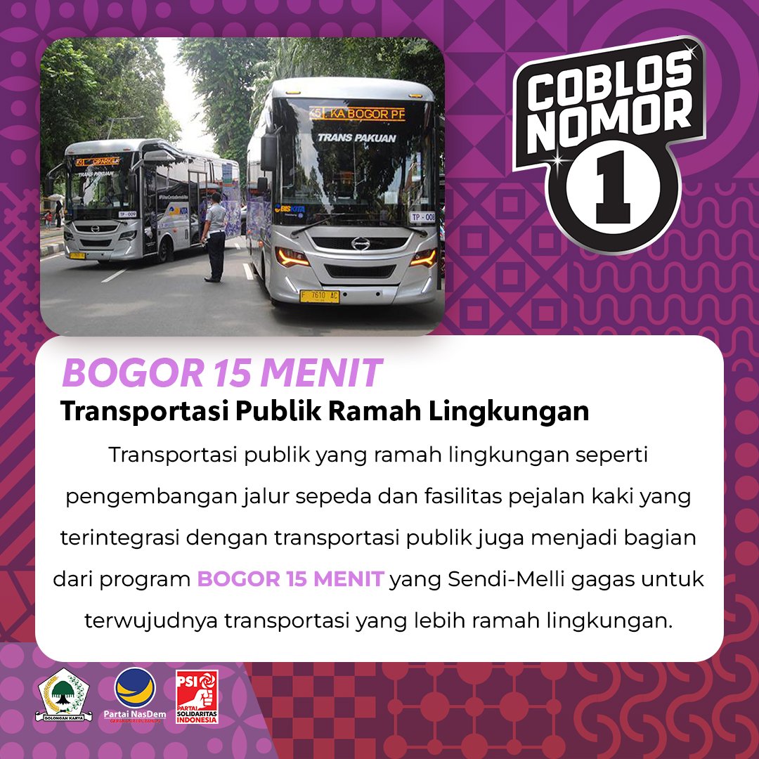 Bung_Sendi's tweet photo. Program ini akan berfokus pada penyediaan moda transportasi yang efisien, terintegrasi dengan teknologi digital, serta ramah lingkungan.

Sendi dan Melli, untuk Bogor 15 Menit. https://t.co/7nrmOgnaNJ