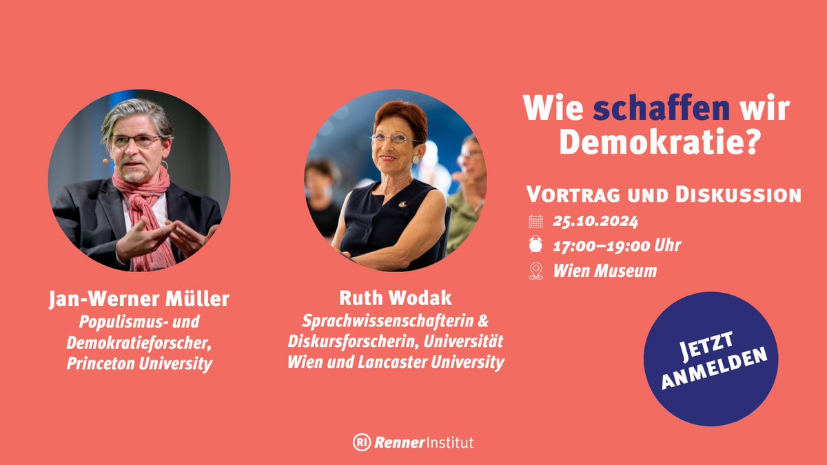 Karl-Renner-Institut (@rennerinstitut) on Twitter photo „Der Anspruch von Populisten lautet stets: Wir – und nur wir – vertreten das wahre Volk.“
Diesen Freitag, 17:00: #Demokratie-VA mit Populismusforscher Jan-Werner Müller (<a href="/Princeton/">Princeton University</a>) u Sprachwissenschafterin Ruth Wodak (<a href="/LancasterUni/">Lancaster University</a>) im #wienmuseum.
renner-institut.at/veranstaltunge… „Der Anspruch von Populisten lautet stets: Wir – und nur wir – vertreten das wahre Volk.“
Diesen Freitag, 17:00: #Demokratie-VA mit Populismusforscher Jan-Werner Müller (<a href="/Princeton/">Princeton University</a>) u Sprachwissenschafterin Ruth Wodak (<a href="/LancasterUni/">Lancaster University</a>) im #wienmuseum.
renner-institut.at/veranstaltunge…