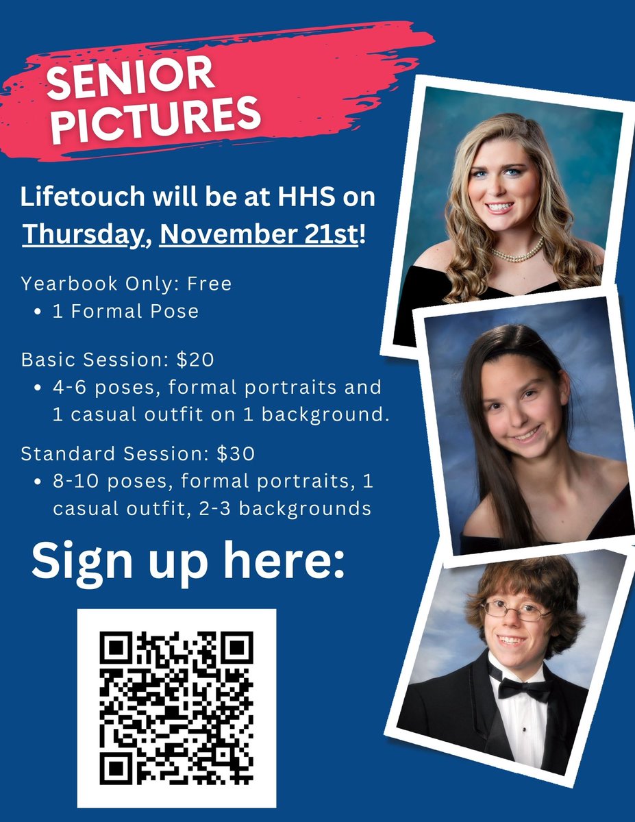 Lifetouch will be at HHS on Thursday, November 21st, to take senior pictures. For more information and to reserve an appointment on the 21st, use the QR code or check out the link in our bio.