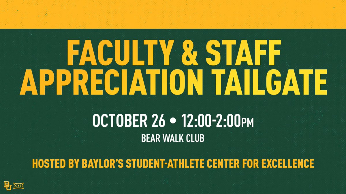 Baylor Athletics (@baylorathletics) on Twitter photo Hey <a href="/Baylor/">Baylor University</a> Faculty & Staff, celebrate #BaylorHomecoming with us at McLane Stadium! ๐
Attend a ๐ pre-game tailgate and discounted <a href="/BUFootball/">Baylor Football</a> tickets -- contact a <a href="/BaylorSACE/">Baylor SACE</a> member to learn more and RSVP ๐ฅณ
#SicEm Hey <a href="/Baylor/">Baylor University</a> Faculty & Staff, celebrate #BaylorHomecoming with us at McLane Stadium! ๐
Attend a ๐ pre-game tailgate and discounted <a href="/BUFootball/">Baylor Football</a> tickets -- contact a <a href="/BaylorSACE/">Baylor SACE</a> member to learn more and RSVP ๐ฅณ
#SicEm