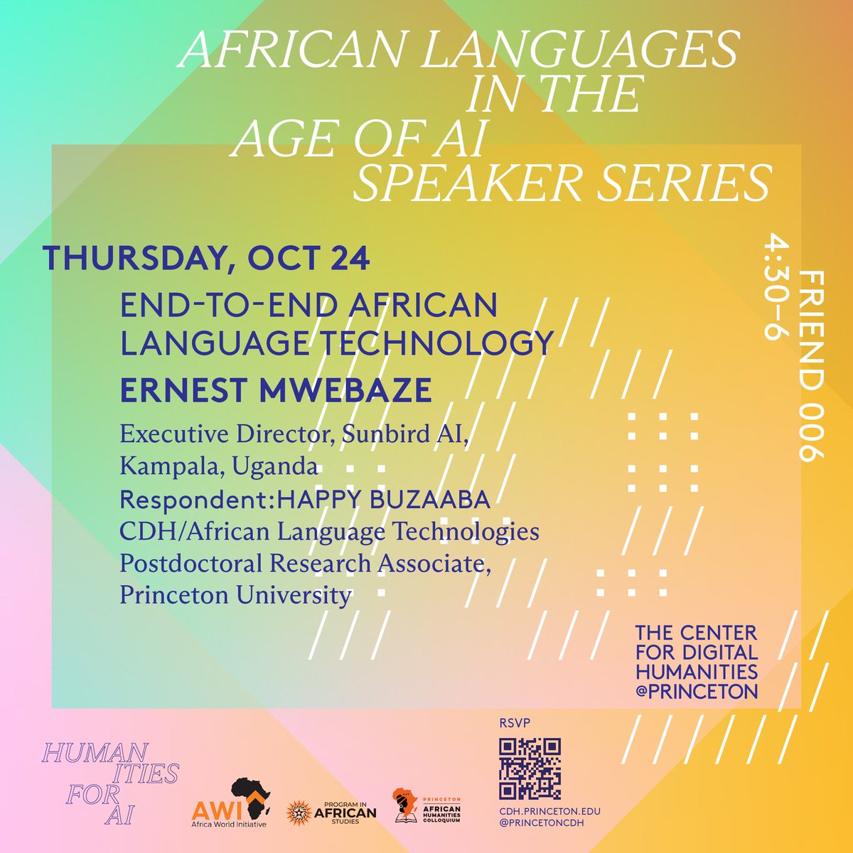 The Center for Digital Humanities at Princeton (@princetoncdh) on Twitter photo We are thrilled to continue the โAfrican Languages in the Age of AIโ series this week with <a href="/emwebaze/">Ernest Mwebaze</a> (<a href="/SunbirdAI/">SunbirdAI</a>) who will give a talk on โEnd-to-End African Language Technologyโ. Please join us Thursday, Oct 24, 4:30 p.m. โ 6:00 p.m. at Friend Center 006. cdh.princeton.edu/events/2024/10โฆ We are thrilled to continue the โAfrican Languages in the Age of AIโ series this week with <a href="/emwebaze/">Ernest Mwebaze</a> (<a href="/SunbirdAI/">SunbirdAI</a>) who will give a talk on โEnd-to-End African Language Technologyโ. Please join us Thursday, Oct 24, 4:30 p.m. โ 6:00 p.m. at Friend Center 006. cdh.princeton.edu/events/2024/10โฆ