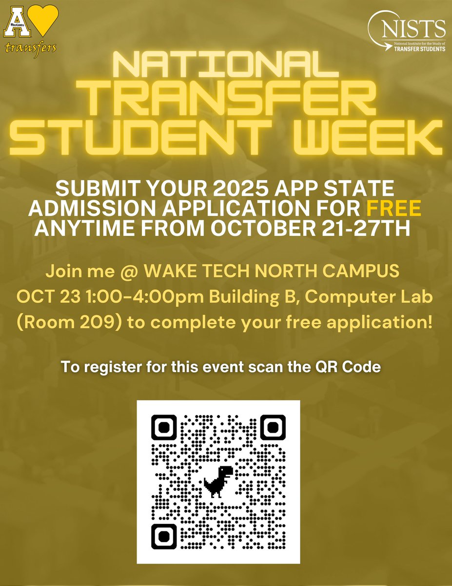 Join Appalachian State University for a free application event! Wednesday, October 23rd. 1-4 pm on the Northern Wake Campus in Bldg. B, Room 209. 

Scan the QR code on the flyer to register!