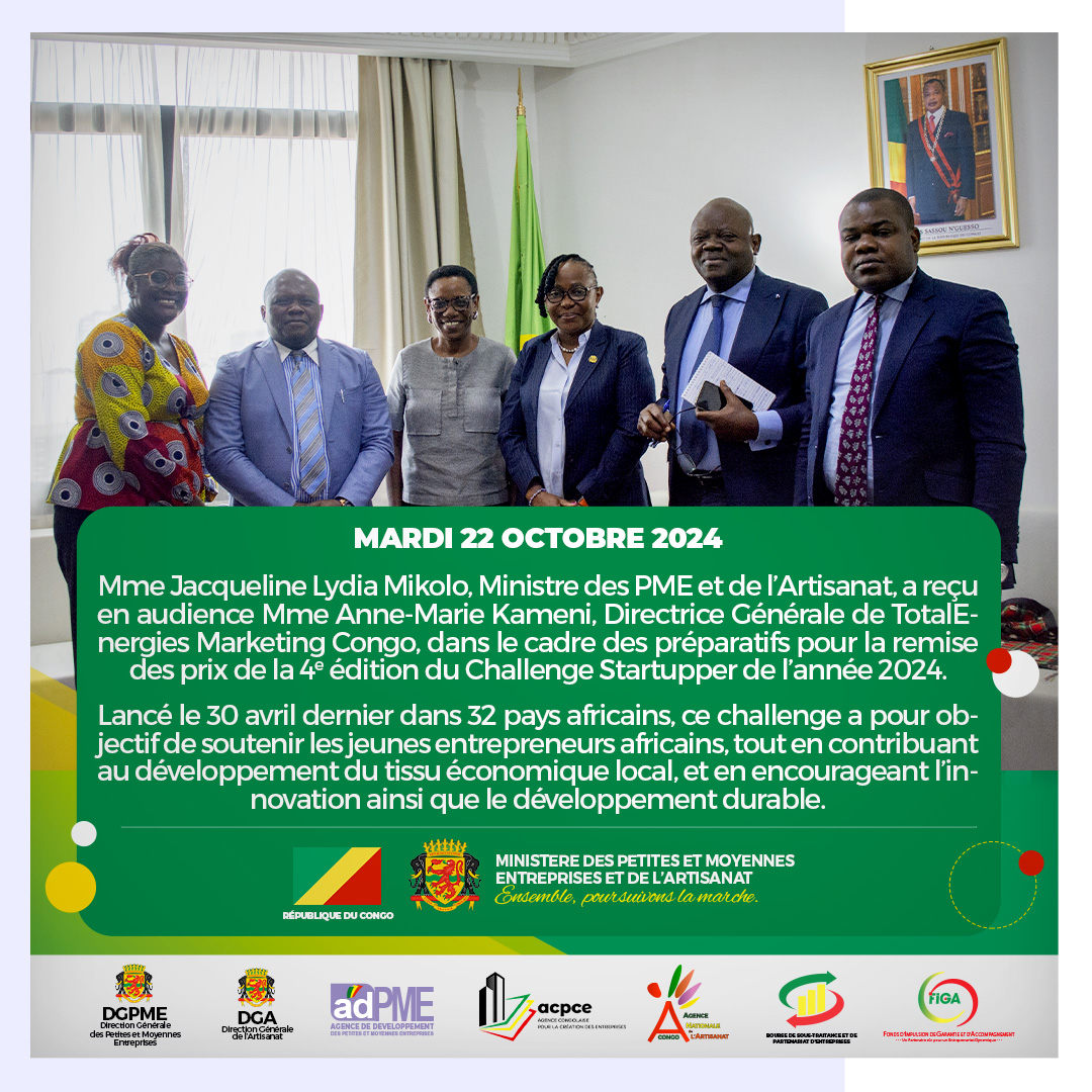 Mardi 22 octobre 2024
Préparatifs de la cérémonie de remise des prix de la 4e édition du Challenge Startupper de l’année 2024 par @totalenergies, prévue pour ce 23 octobre 2024.

#mpmea #unjeuneenuentreprise #entreprise #artisan #ODEPA #ChezMoiAuCongo #fiac #Afrique #coopération