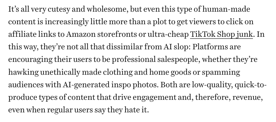 rebexxxxa's tweet photo. one takeaway I would like to emphasize is the fact that the platforms LOVE slop. they love it for the same reason they love their creators becoming individual salespeople trying to get you to buy TikTok Shop junk: it drives engagement, despite the fact that most users hate it https://t.co/OAVbqBpgOR