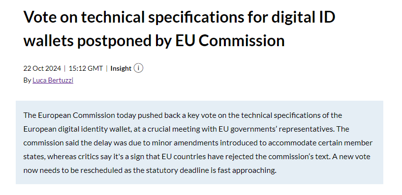 The Commission has postponed today's comitology vote on the implementing acts setting out the technical specifications for the European digital identity wallet, saying that EU countries need time to review minor changes that have been agreed upon. 
content.mlex.com/#/content/1604…