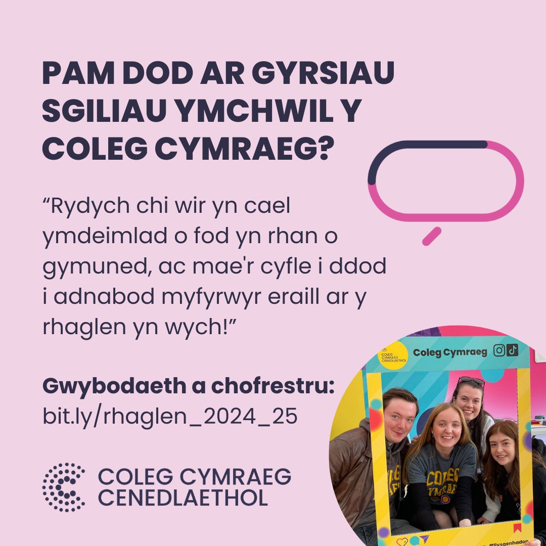 Pam ddylet ti ddod ar ein cyrsiau sgiliau ymchwil?

Dyma ddywedodd un cyn-fyfyriwr:

"Rydych chi wir yn cael ymdeimlad o fod yn rhan o gymuned, ac mae'r cyfle i ddod i adnabod myfyrwyr eraill ar y rhaglen yn wych!" 

Gwybodaeth am y cyrsiau nesaf: colegcymraeg.ac.uk/myfyrwyr/astud…