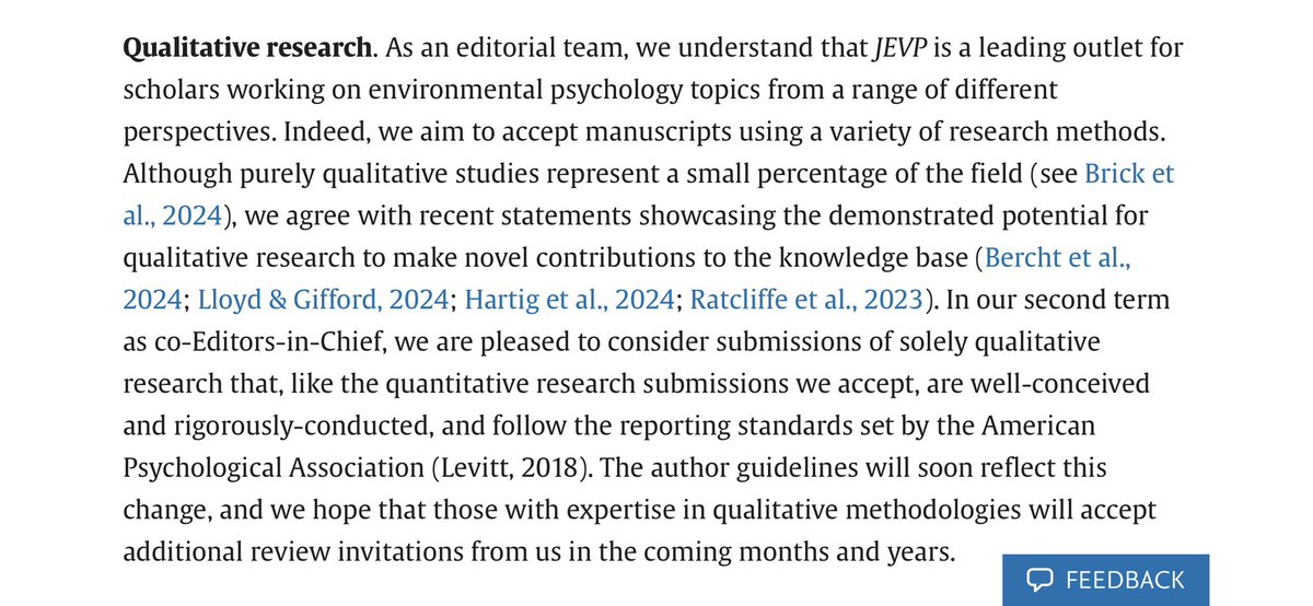 Ellie Ratcliffe (@el_ratcliffe) on Twitter photo The community asked, and <a href="/JEnvPsych/">Journal of Environmental Psychology</a> delivered! This new editorial confirms that the journal is now open to pure qualitative research once more. This is a great decision for inclusive, novel, and interdisciplinary research in environmental psychology. doi.org/10.1016/j.jenv… The community asked, and <a href="/JEnvPsych/">Journal of Environmental Psychology</a> delivered! This new editorial confirms that the journal is now open to pure qualitative research once more. This is a great decision for inclusive, novel, and interdisciplinary research in environmental psychology. doi.org/10.1016/j.jenv…
