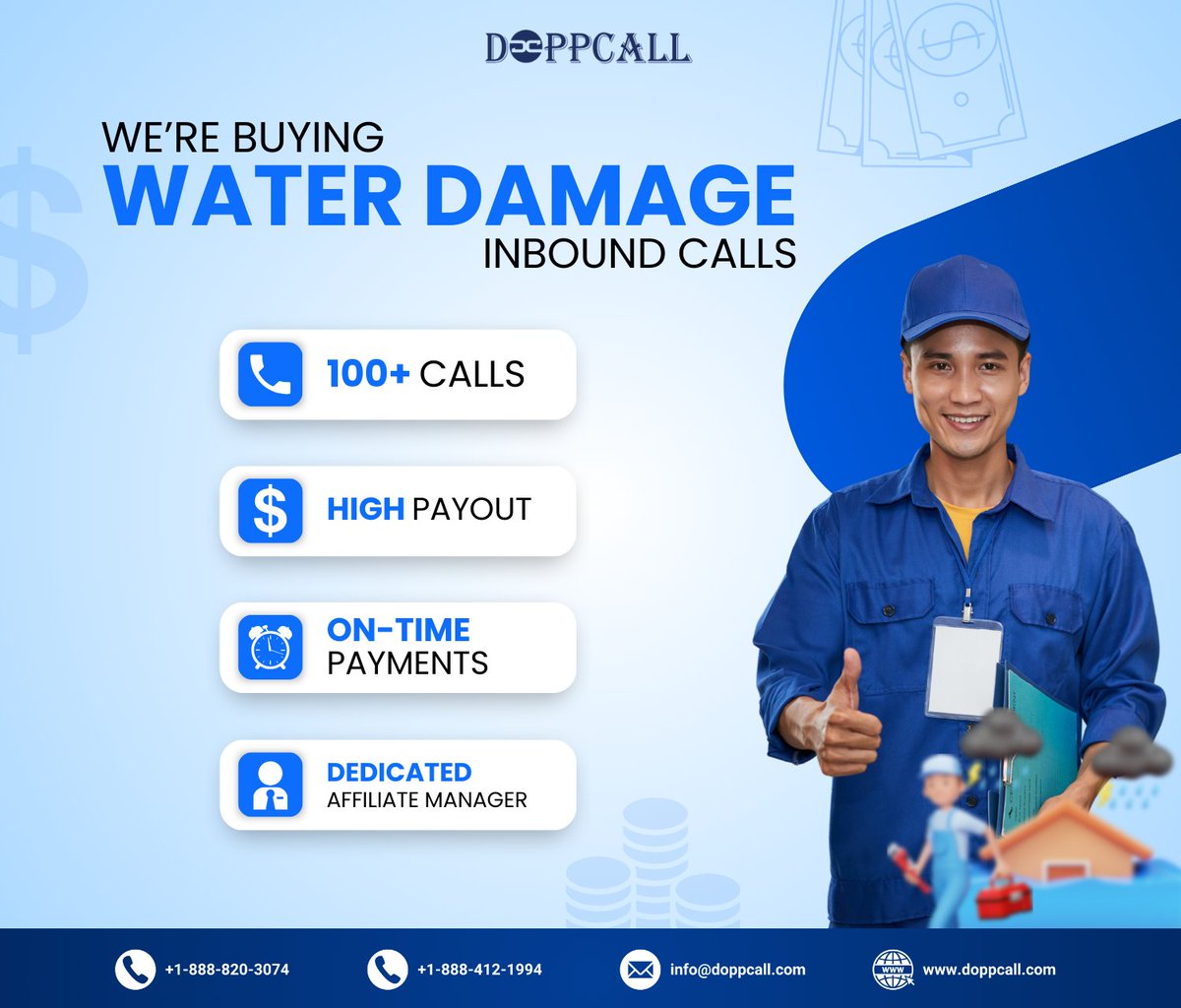 doppcall's tweet image. 🚀Publishers Wanted🚀

We need 100+ Water Damage calls every day. We're providing Top Payouts and Weekly Payments.

📧 info@doppcall.com
☎️ +1-888-820-3074 or +1-888-412-1994
🌐 doppcall.com/publisher/sign…

#WaterDamageLeads #InboundCall
