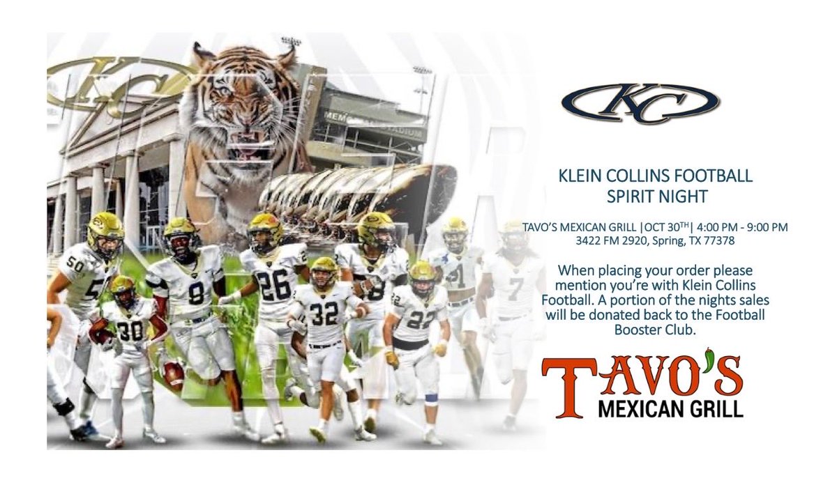 Save the date.
Spirit night at Tavos Mexican Grill on Wednesday, Oct 30th from 4:00-9:00 PM.

A portion of the night sales will be donated back to the Football booster club. 

We appreciate your support!

#TigerPride #4MB
