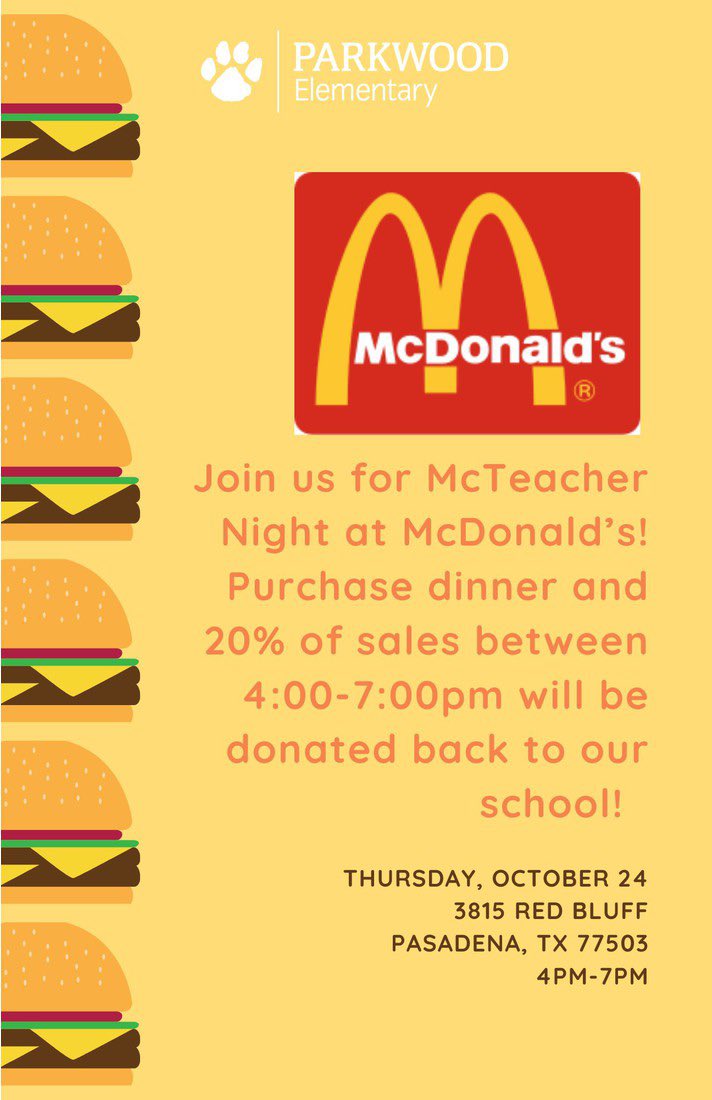 DPISD_PWE's tweet photo. Mark your calendars! Go to McDonald’s this Thursday evening and support PWE! https://t.co/Pculo60Y2d