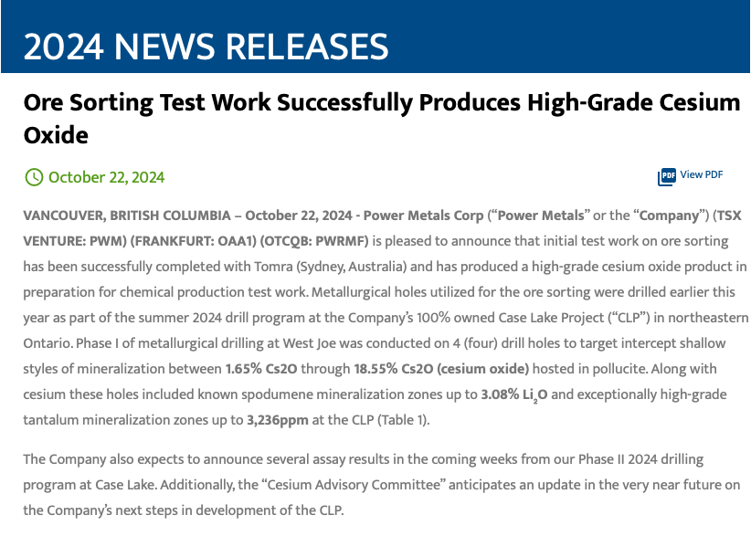 PowerMetalsCorp's tweet photo. [October 22, 2024] Ore Sorting Test Work Successfully Produces High-Grade Cesium Oxide
#Cesium #Lithium #Tantalum #Mining #Canada #Ontario 
https://t.co/li6AdD17dh https://t.co/p28m4nXN4S