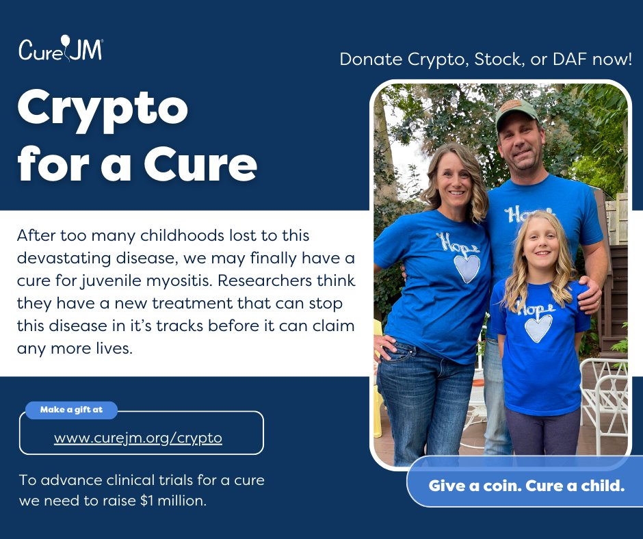 curejm's tweet photo. Too many childhoods have been lost to juvenile myositis. But we’re on the verge of a breakthrough! The researchers are ready. The trials are ready. All we need is YOU. Donate now at https://t.co/lYbVdVtkJF
@TheGivingBlock
#CryptoForGood #cryptoforacure https://t.co/LSE9SRnBHs