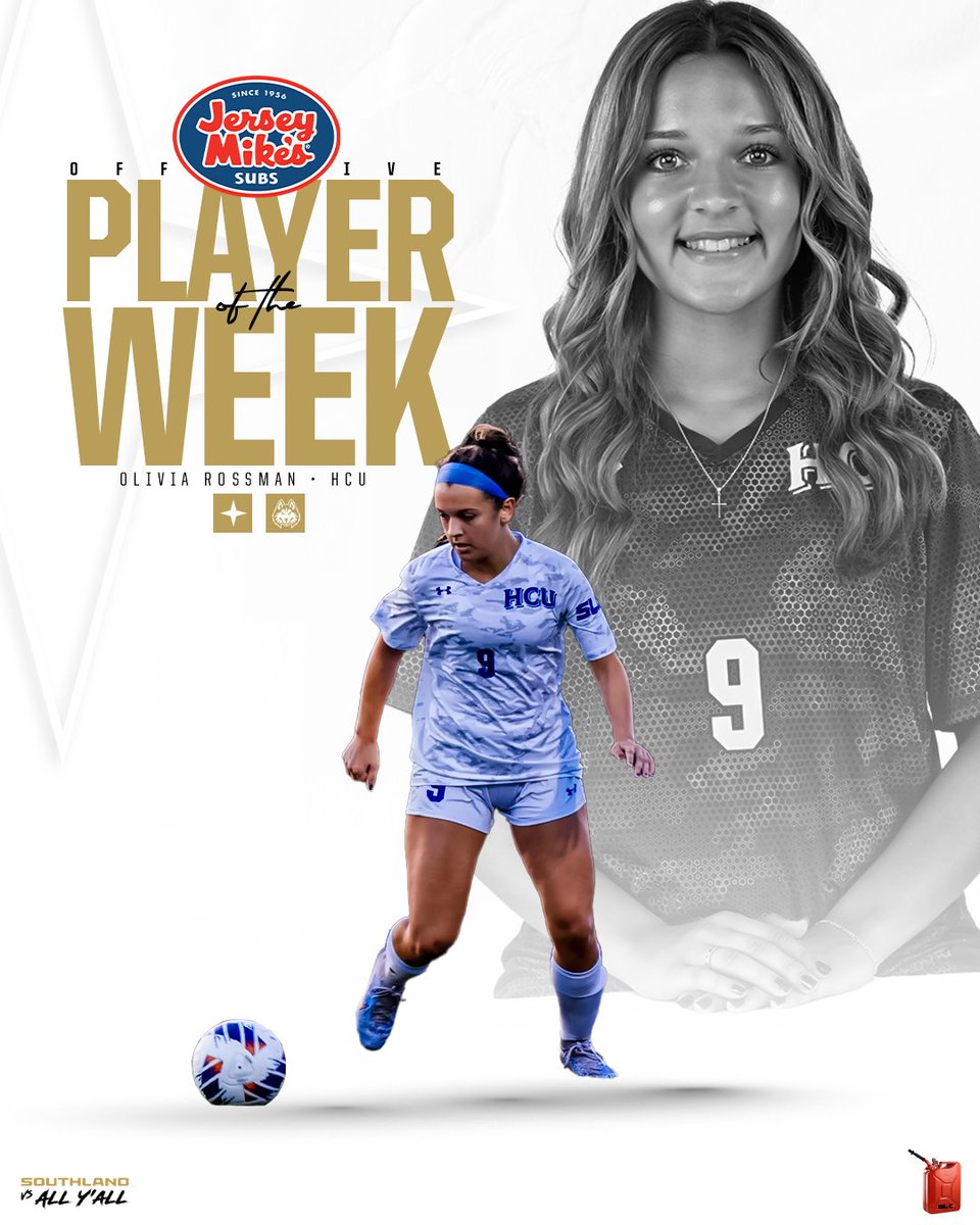 Southland Conference (@southlandsports) on Twitter photo She is on a tear of late, scoring four goals over her last four matches, including two this weekedn!!
Congratulations to HCU's Olivia Rossman, your <a href="/jerseymikes/">Jersey Mike's Subs</a> SLC Women's Soccer Offensive Player of the Week!
#GTL She is on a tear of late, scoring four goals over her last four matches, including two this weekedn!!
Congratulations to HCU's Olivia Rossman, your <a href="/jerseymikes/">Jersey Mike's Subs</a> SLC Women's Soccer Offensive Player of the Week!
#GTL