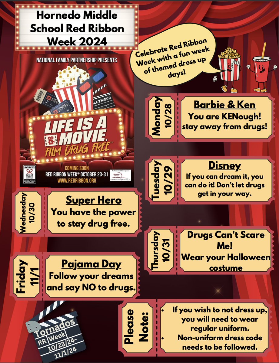 Hornedo Middle: Mark your calendars Tornados for Red Ribbon Week. This years theme is “Life is A Movie, Film Drug Free”. 🌪🌪️🌪️