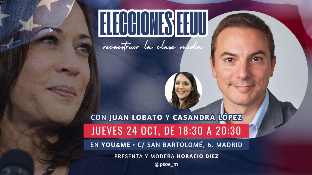 📢 ¡Te esperamos para analizar todas las claves de las elecciones presidenciales de EE.UU. 🇺🇸!

Debatiremos las  estrategias y lo que viene tras los resultados.

🗓️ Jueves 24 oct 
🕛 18:30h 
📍 You&amp;Me, calle San Bartolomé, 6