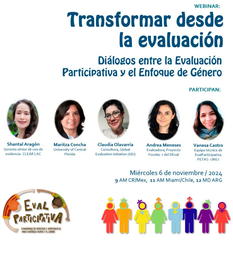 Acompáñanos en el Webinar Transformar desde la evaluación: Diálogos entre la Evaluación Participativa y el Enfoque de Género
🕐 Cuando ? el 6 de noviembre a las 9:00 (Mx), 11:00 (Cl)
📍 Cómo? Más información y registro acá 👇 
evalparticipativa.net/2024/10/21/web…