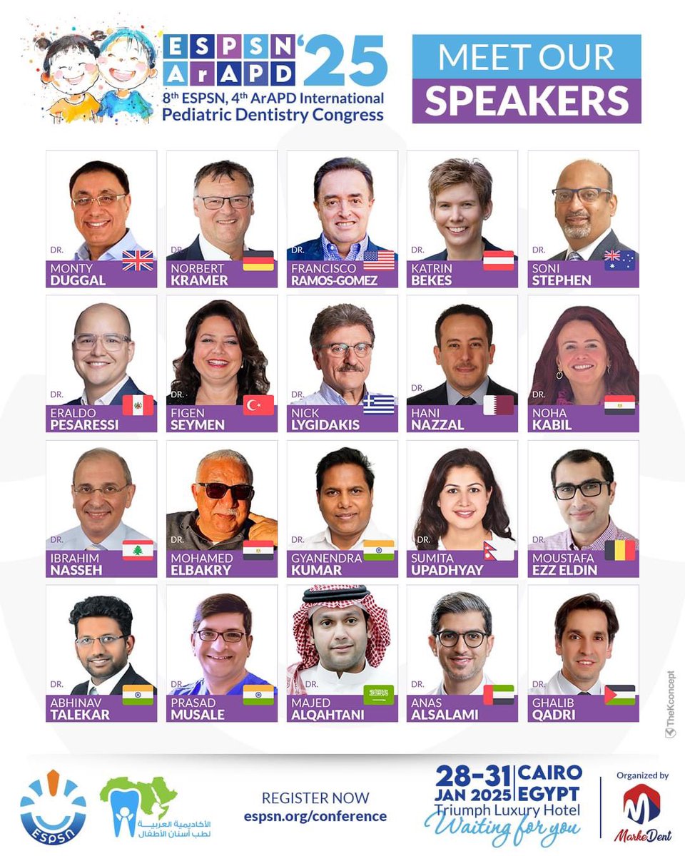 ✨  the 8th International Conference of the Egyptian Society for Pediatric Dentistry and Special Needs and the 4th Arab Academy of Pediatric Dentistry (ESPSN’25 / ArAPD’4) ✨
🔗 For details and registration, visit:
espsn.org/conference