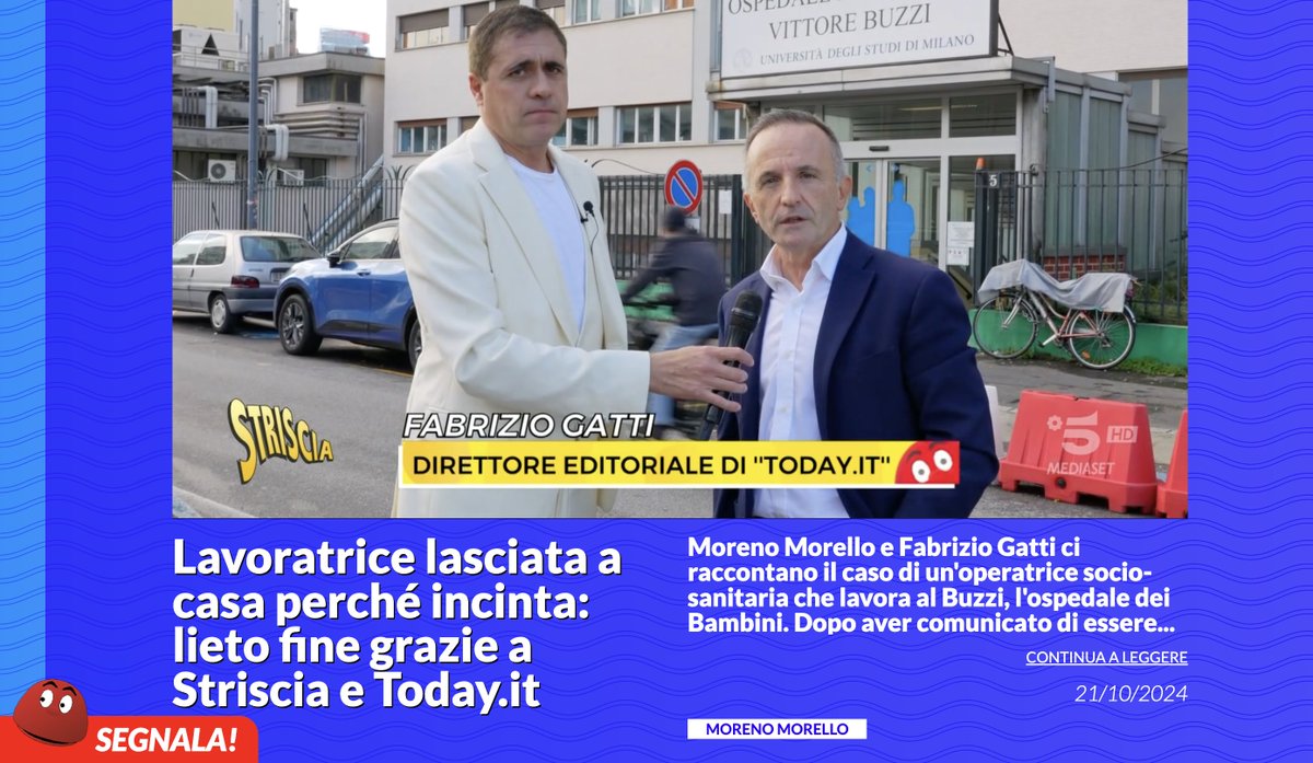 🔵Il 21 ottobre, #StrisciaLaNotizia ha mandato in onda l'inchiesta #Dossier di Fabrizio Gatti, pubblicata su #MilanoToday e Today.it,riguardante la mamma lasciata a casa dall'Ospedale dei Bambini, perché incinta 
striscialanotizia.mediaset.it/video/lavoratr…

#Citynews #DigitalPublisher