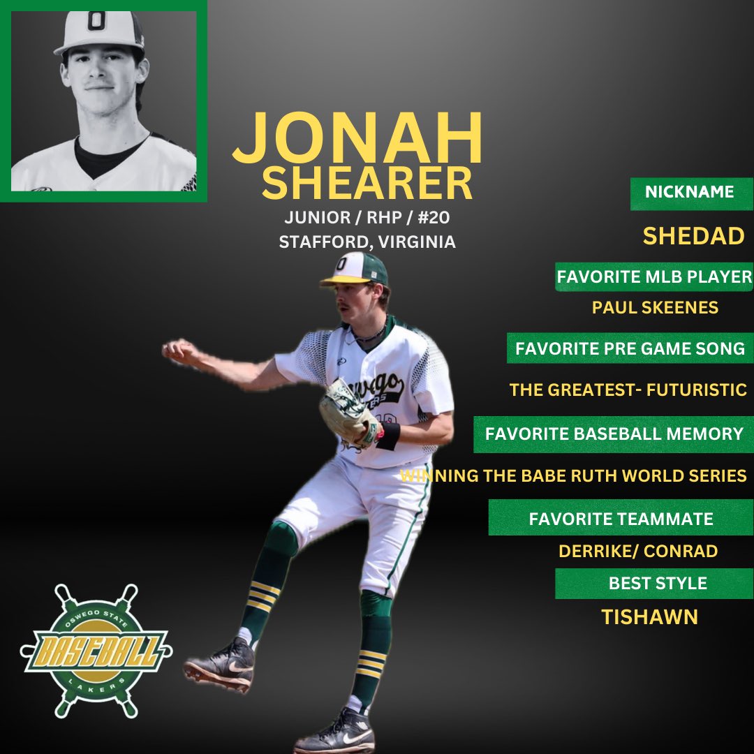 Up next for our “meet the players” series 
Jonah Shearer 
Junior RHP from Lowville, NY
#lakeshow