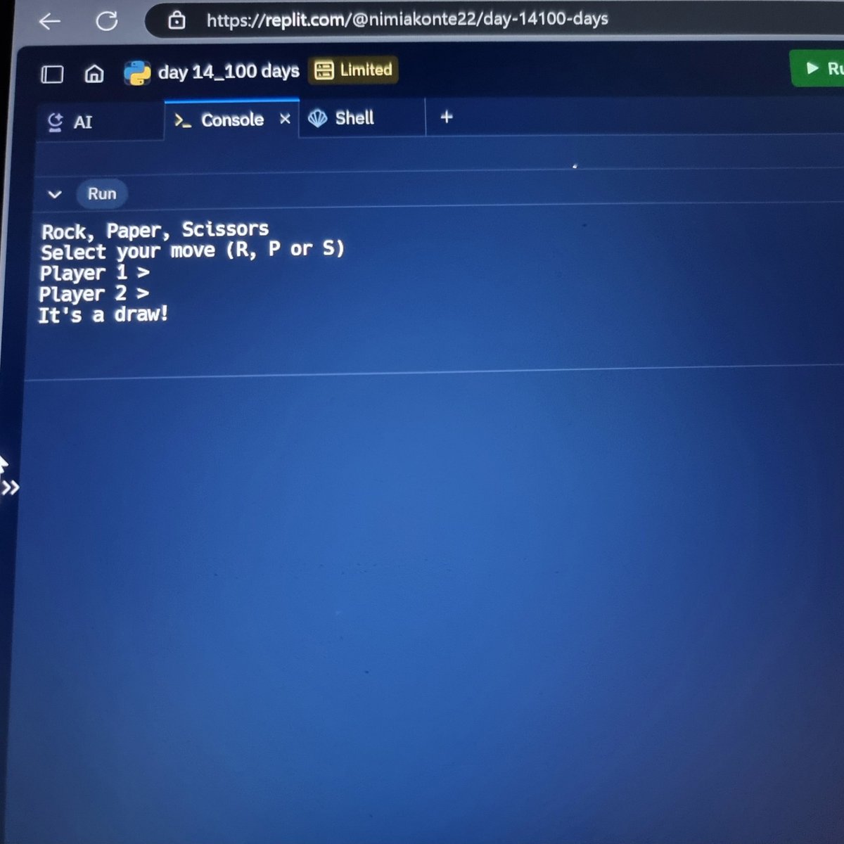 IseleyeNimi's tweet photo. 🪨 📃 ✂️ my very first multiplayer  game !!! Day 14 of #Replit100DqysOfCode #100DaysOfCode 
@allenharper https://t.co/VDkgbwDX7v