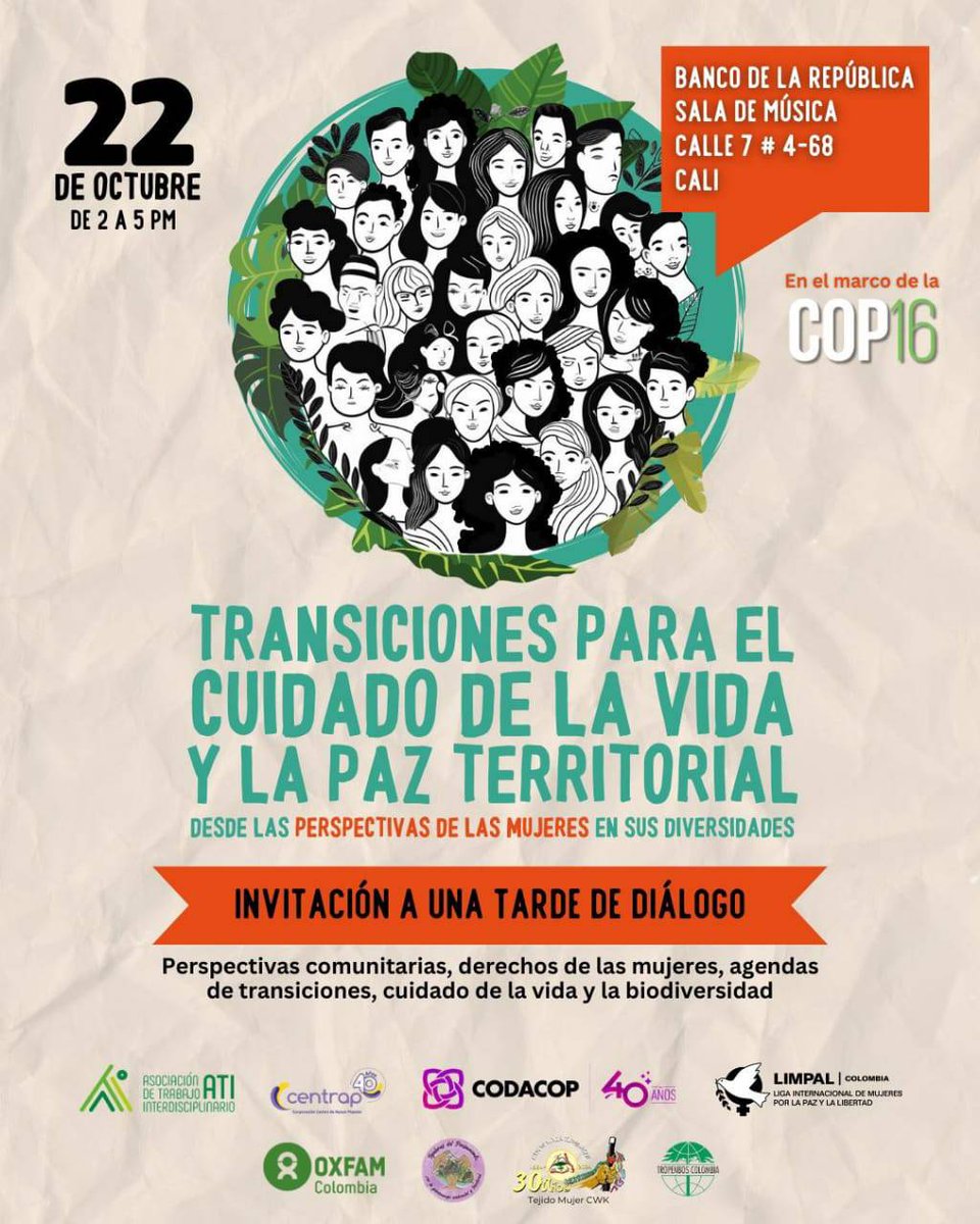 #Hoy ¡Nos vemos esta tarde! 
2 A 5 P.M.
Banco de la República
#Cali 

#COP16   #PazConLaNaturaleza #PazFeminista