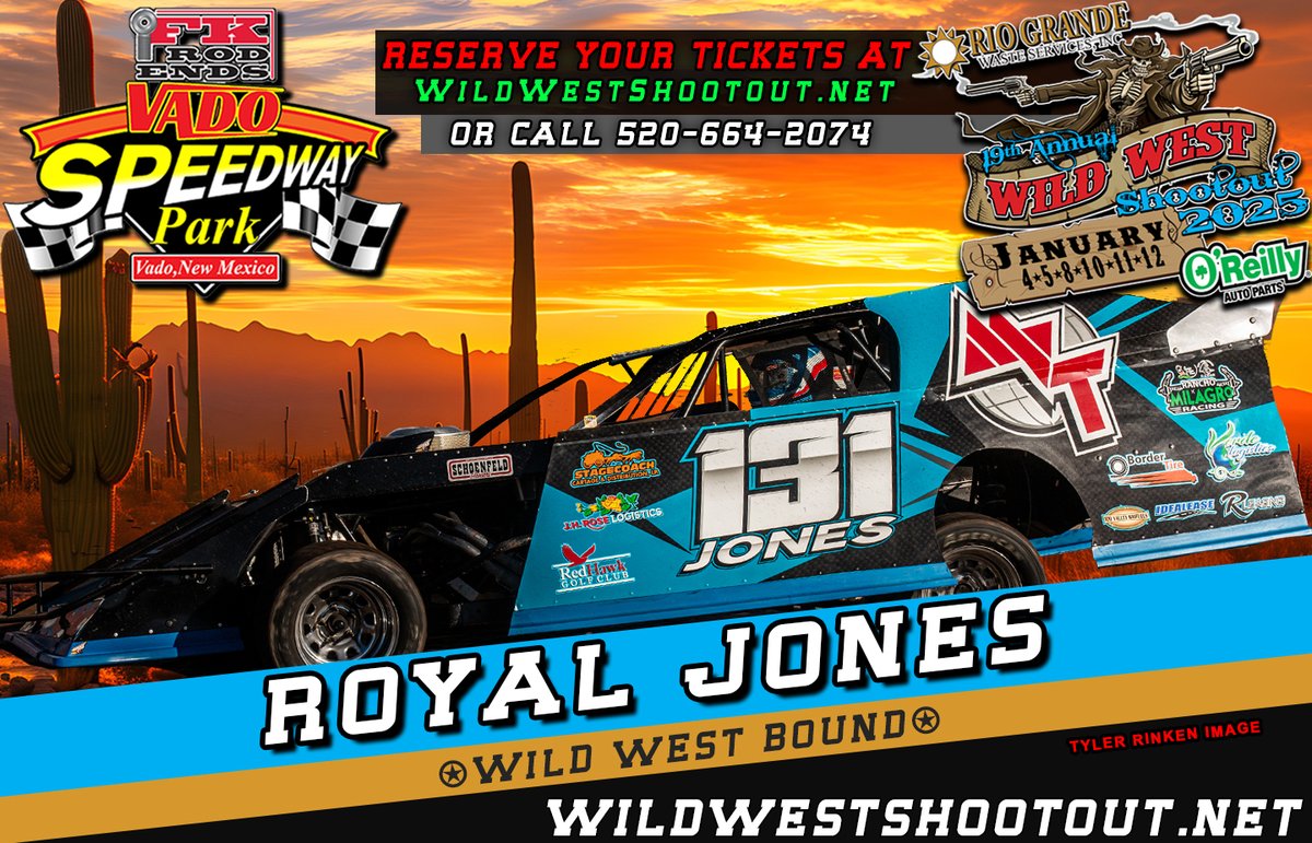 Wild West Shootout (@wildwshootout) on Twitter photo Royal Jones isn't just the @fkrodends @vadospeedway owner but he also competes in the <a href="/mesillatrans/">Mesilla Valley Trans</a> / <a href="/BorderIntl/">Border International</a> Modifieds. He's gearing up for the 19th annual Wild West Shootout on Jan. 4-12.
Advanced tickets and event details at -> WildWestShootout.net Royal Jones isn't just the @fkrodends @vadospeedway owner but he also competes in the <a href="/mesillatrans/">Mesilla Valley Trans</a> / <a href="/BorderIntl/">Border International</a> Modifieds. He's gearing up for the 19th annual Wild West Shootout on Jan. 4-12.
Advanced tickets and event details at -> WildWestShootout.net