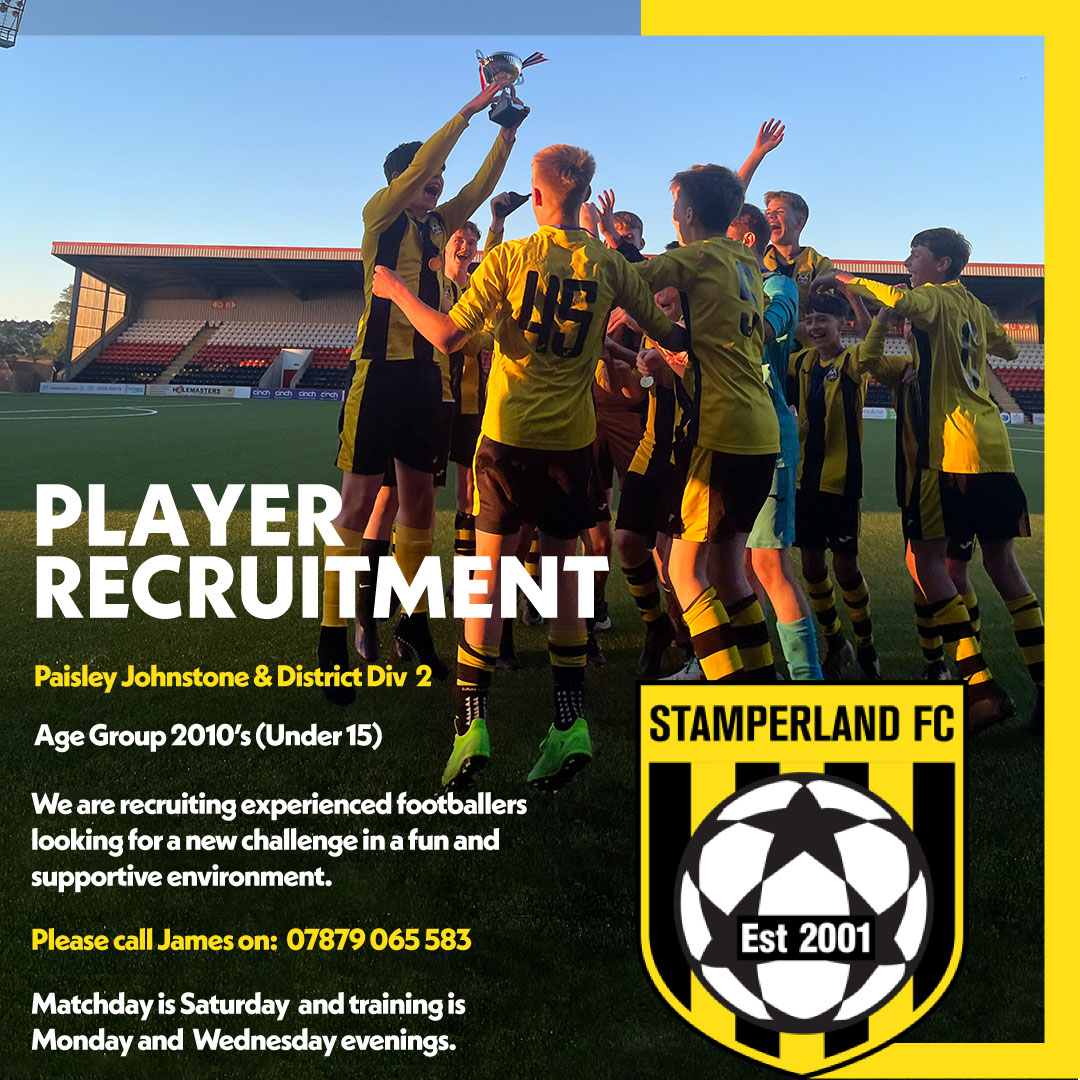 Stamperland2010's tweet photo. Club Name: Stamperland United 
Age Group: 2010s 
League: Paisley Johnstone &amp; District Div 2
Area: Clarkston / Netherlee
Training/Match Days: Training Mon/Wed. Games on a Saturday
Recruiting: All positions 
Contact: James 07879 065 583 https://t.co/dmeTEq43OA