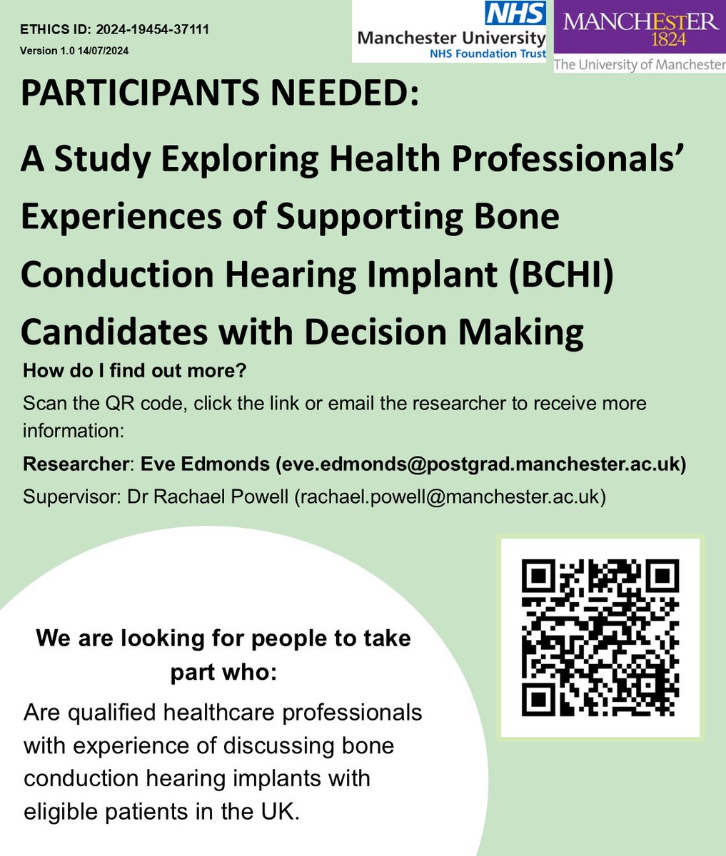 BCHI Study (@bchistudyuom) on Twitter photo Are you a health professional with experience of discussing bone conduction hearing implants with patients? Take part in our interview study.
For more information see qualtrics.manchester.ac.uk/jfe/form/SV_b8… , scan the QR code or email eve.edmonds@postgrad.manchester.ac.uk Are you a health professional with experience of discussing bone conduction hearing implants with patients? Take part in our interview study.
For more information see qualtrics.manchester.ac.uk/jfe/form/SV_b8… , scan the QR code or email eve.edmonds@postgrad.manchester.ac.uk