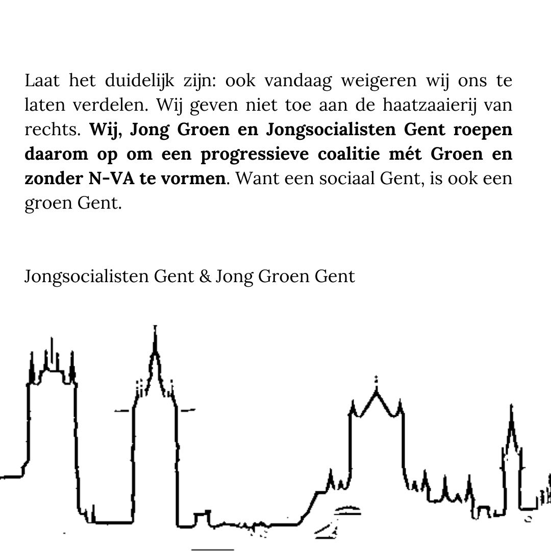 JongGroen_Gent's tweet photo. Als jongerenpartijen in Gent delen we een sterke bezorgdheid over de mogelijke bestuurscoalitie van VoorGent en N-VA. Wij geloven dat het belangrijk is om onze stemmen te laten horen en dat onze stad een bestuur verdient dat zich richt op de belangen van alle inwoners. https://t.co/wBi8pm8fjq