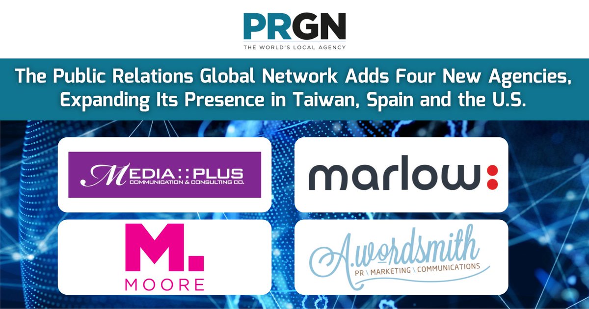 The PRGN is thrilled to welcome four incredible agencies to our network: Media Plus Communication &amp; Consulting Co. in Taiwan, Marlow Insight in Spain, <a href="/Moore_Agency/">Moore</a> in Florida, and A.wordsmith in Oregon. Read the details in the latest #PRGN news release: prgn.com/news/prgn-adds…