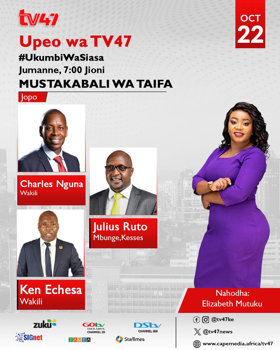Jiunge nao mbunge wa Kesses Julius Ruto na mawakili Charles Nguna na Ken Echesa watakao kuwa wakijadili 'mustakabali wa taifa' huku nahodha akiwa 'Lizah Mutuku' kwenye #UkumbiwaSiasa <a href="/l_lizah/">lizah mutuku</a>