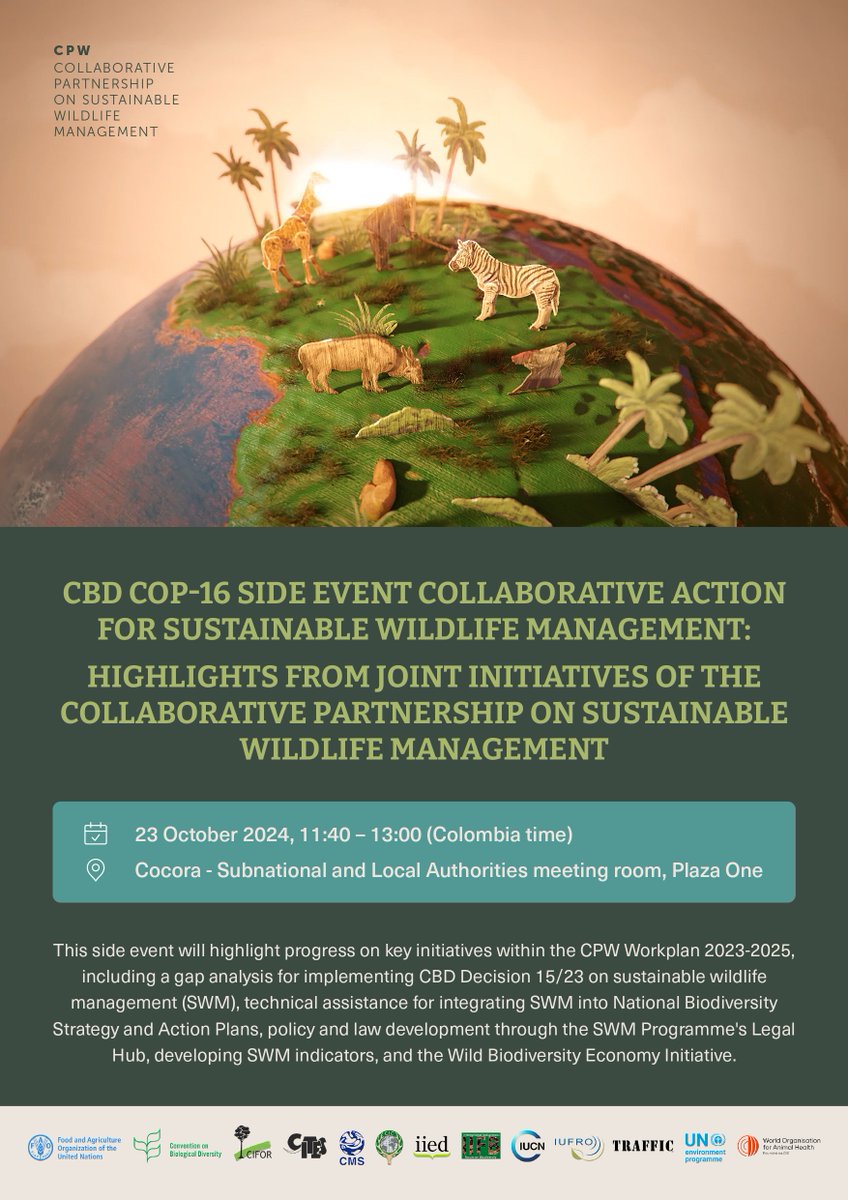 IIED's tweet photo. Tomorrow morning at #COP16Colombia:  
Collaborative action for sustainable wildlife management: highlights from joint initiatives of Collaborative Partnership on Sustainable #Wildlife Management 
🗓️23 October 
🕚11.40 am (Colombia time) https://t.co/iTx3kPfhA1