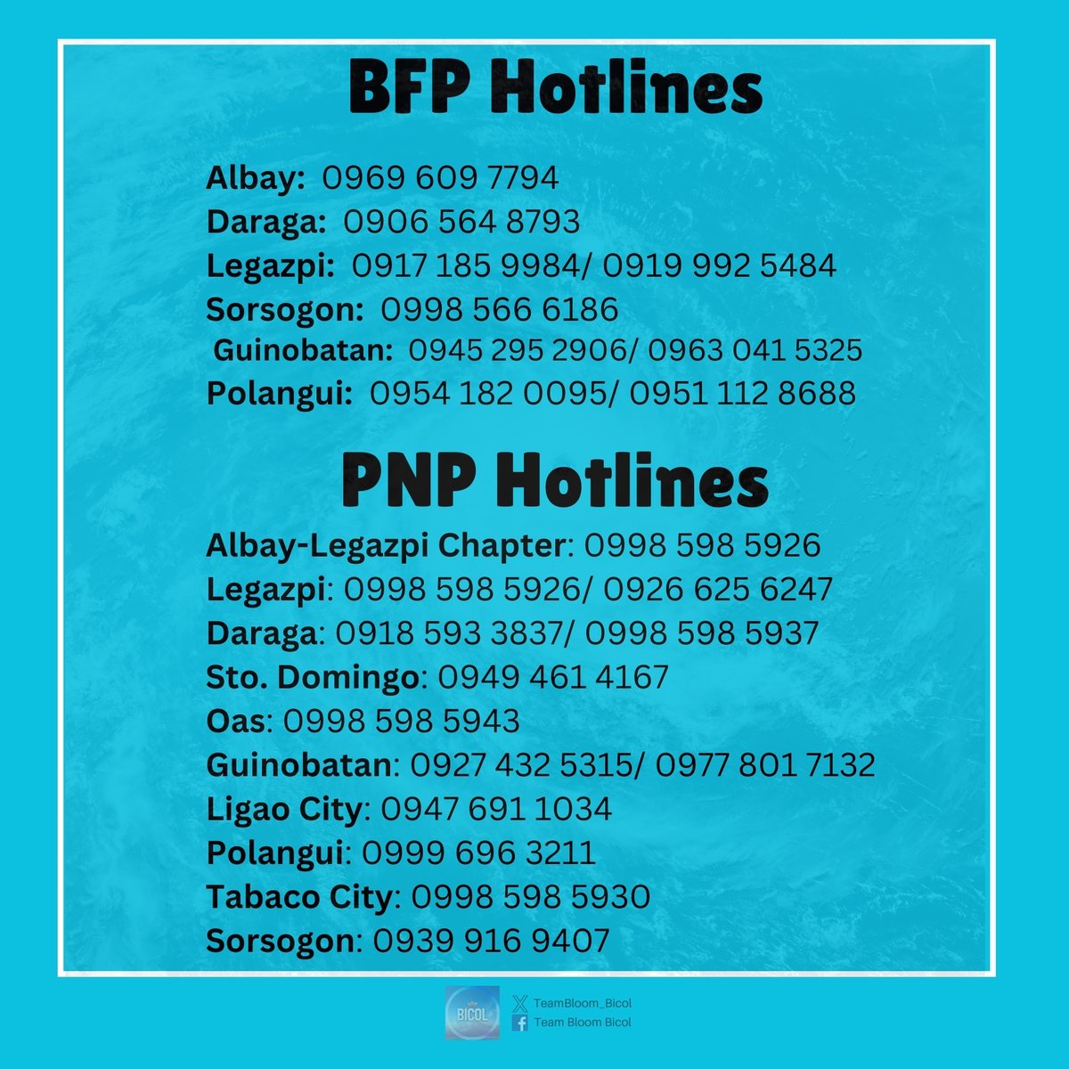 TEAMBLOOM_BICOL's tweet photo. Here are some emergency hotlines in Bicol. Mag-iringat po kita gabos.

Let us all pray for everyone's safety! 🙏
#KristinePH https://t.co/5mO1Qk0Lff