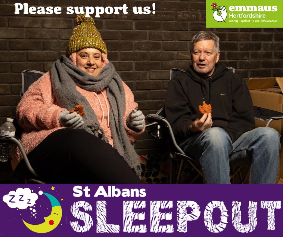 Just over two weeks to go to The St Albans Sleepout! Could you be a star and sleep under the stars to help us end homelessness for vulnerable people? Our companions Adie and Robert (pictured) braved the elements at the Sleepout in 2022. Register here: emmaus.org.uk/hertfordshire/…