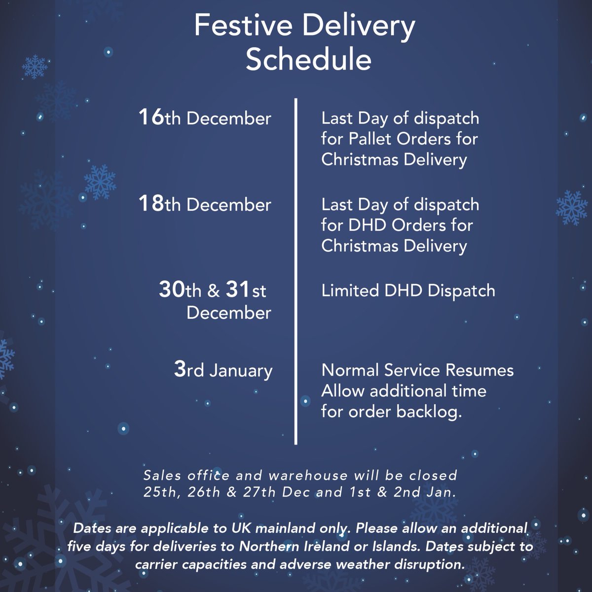 Yes.... we know it's only October... but just going to leave this here so you know the deadlines for delivery before the "C" word!

It's always good to plan ahead! 😉