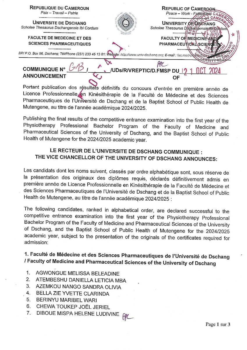 Univ_Dschang's tweet photo. 𝗙𝗶𝗹𝗶𝗲̀𝗿𝗲 𝗞𝗶𝗻𝗲́𝘀𝗶𝘁𝗵𝗲́𝗿𝗮𝗽𝗶𝗲 (𝗙𝗠𝗦𝗣) : 𝗩𝗼𝗶𝗰𝗶 𝗹𝗲𝘀 𝗿𝗲́𝘀𝘂𝗹𝘁𝗮𝘁𝘀 𝗱𝘂 𝗰𝗼𝗻𝗰𝗼𝘂𝗿𝘀 𝗱'𝗲𝗻𝘁𝗿𝗲́𝗲 𝗽𝗼𝘂𝗿 𝗹'𝗮𝗻𝗻𝗲́𝗲 𝟮𝟬𝟮𝟰-𝟮𝟬𝟮𝟱

#UniversitéDschang 
#Kinésithérapie 
#FacultéMédecineSciencesPharmaceutiques https://t.co/In1kgoW9Tc