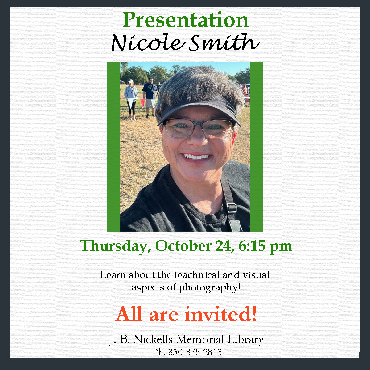 LulingPbLibrary's tweet image. Want to learn more about taking a great picture? Come learn from Nicole Smith, the Luling newsboy's local photographer. #greatphotography #photographyskills #learntotakegoodpictures #lulingnewsboy #lulingtexas #lulingpubliclibrary