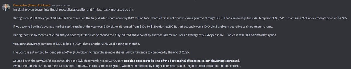 7Innovator's tweet image. I'm discussing in our @7investing Community Forum this morning how impressed I am with the capital allocation skills of Booking Holdings $BKNG.

The company has been repurchasing a ton of shares lately. And even better, it's buying those shares back at the right price.

To jump…