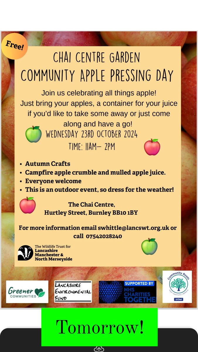If you're in #Burnley and have a surplus of apples you don't know what to do with, why not share your harvest at the #AppleDay event at the Chai Centre tomorrow?
#natureandwellbeing #outdoortown