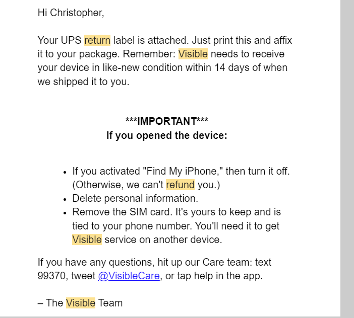 getupgetonup's tweet photo. @visiblecare I returned my phone within the 14 day window - I do not have the order receipt in the box - This was not on the emailed label instructions - Can someone please make a note of this for the returns team? Return Label: 1z114R8Y9096743927 https://t.co/MZD3uNguuK