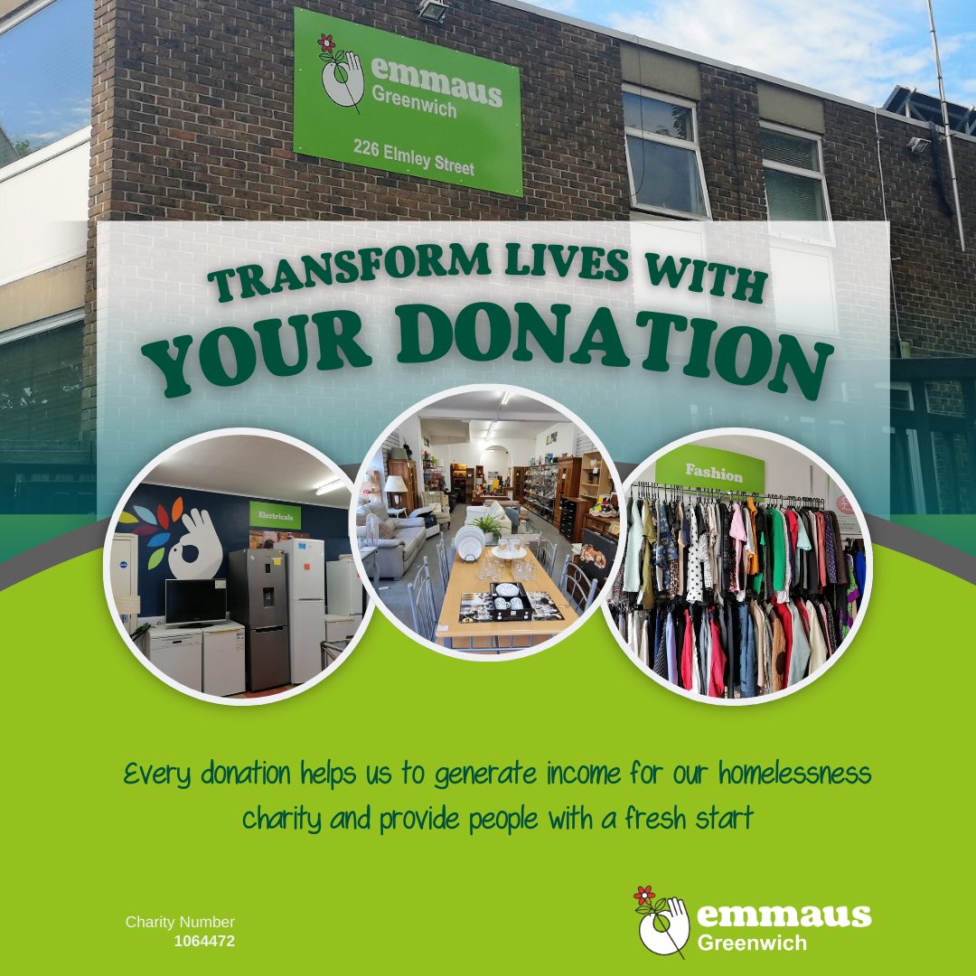 We urgently need donations for our charity shop 🙏

If you have good-quality furniture, electricals, household items, or clothes you no longer need, please consider donating them to Emmaus Greenwich. 

Thank you for your support.