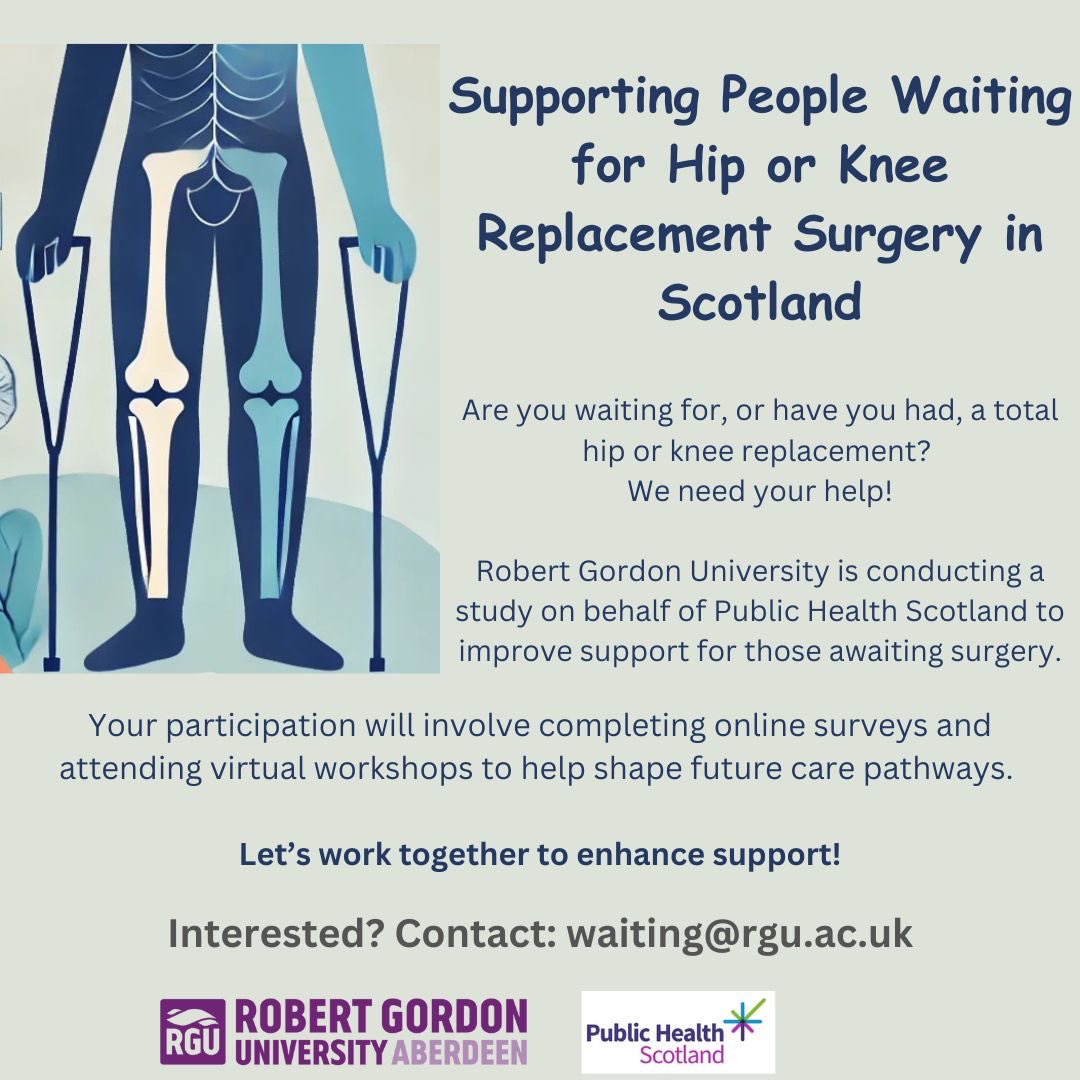 Lyndsay Alexander (@lynzalexander) on Twitter photo 📣📣 Please RT 📣📣
We’re looking for people with experience of waiting for hip & knee replacements in Scotland to take part in this project. For info email: waiting@rgu.ac.uk
Thank you 🙏
#HipReplacement #KneeReplacement #Support #RGU #PatientCare 📣📣 Please RT 📣📣
We’re looking for people with experience of waiting for hip & knee replacements in Scotland to take part in this project. For info email: waiting@rgu.ac.uk
Thank you 🙏
#HipReplacement #KneeReplacement #Support #RGU #PatientCare