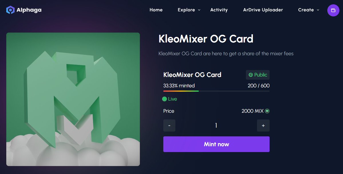 🚨Reminder: #KleoMixer OG Card Airdrop

On November 1st, we will distribute 105 $ALPH to our holders, sharing the fees generated by the Mixer and royalties from our NFT collection🚀

It's our way of saying thank you for your support!

Mint here: alphaga.app/collections/f7…

#Alephium