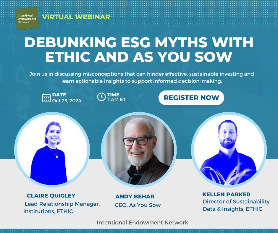 IntentEndowment's tweet image. Join us TOMORROW for a webinar on Dispelling ESG Investing Myths with Ethic and As You Vote! We will address common misconceptions that hinder effective ESG practices and will provide actionable insights to support informed decision-making.

Register now bit.ly/3AkWj30