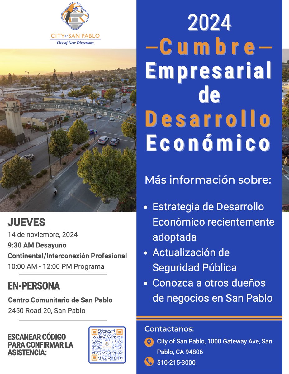 Mark your calendars for November 14, 2024! 

Join us for an exclusive gathering at the Economic Development Business Summit. Let's discuss the recently adopted Economic Development Strategy, get updates on Public Safety and network with other San Pablo business owners. 

more 👇