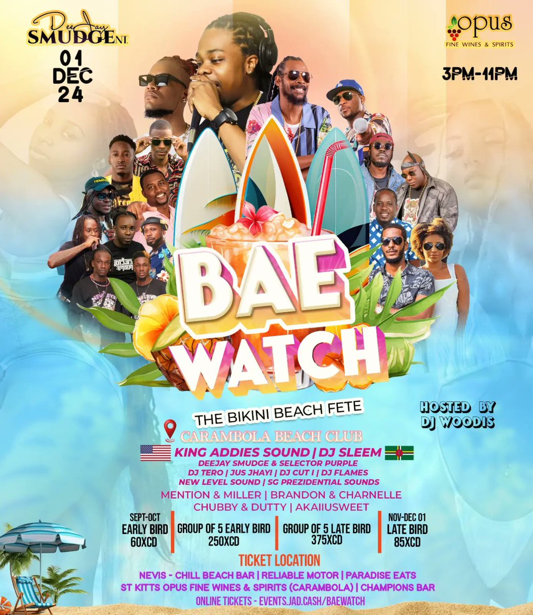 Elevate your #BaeWatch experience, basking in beachside luxury with top-shelf beverages at your fingertips, in a reserved area that offers the ultimate exclusivity. 🍾✨🥂.

Limited Table Packages are available. To reserve call 📞 Opus Fine Wines and Spirits at 869 466 8481.