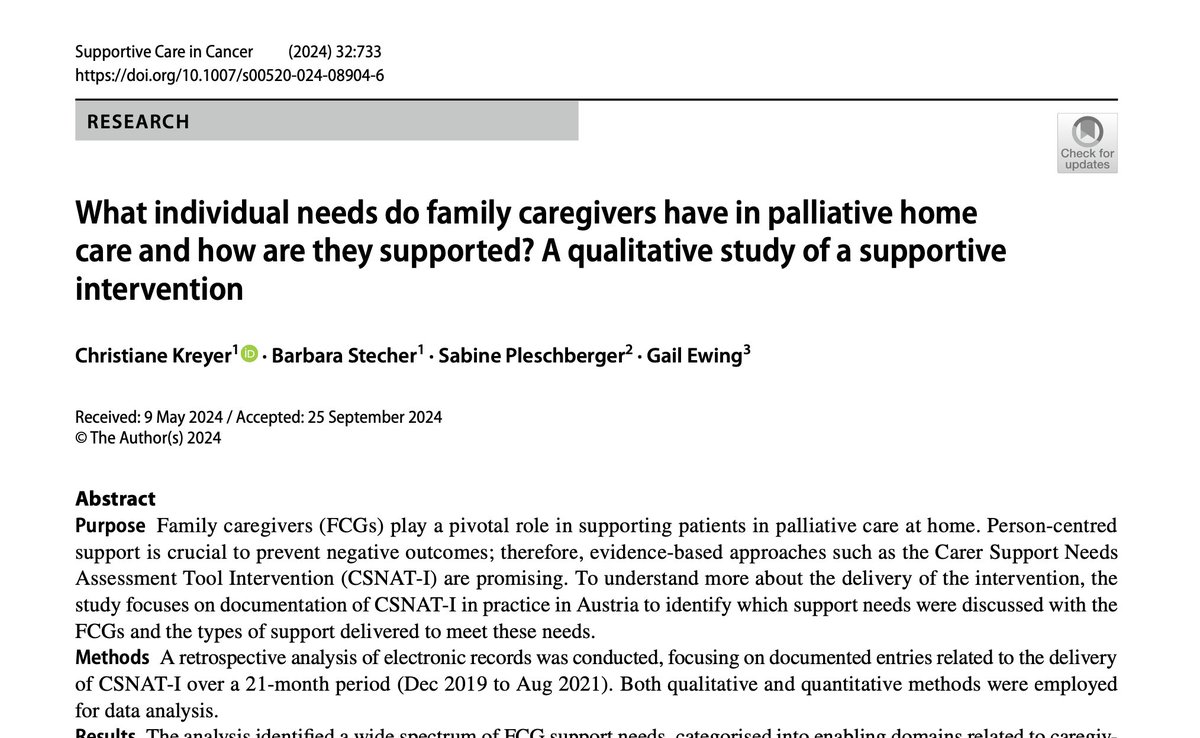 New open-access article in <a href="/MASCC_JSCC/">Supportive Care in Cancer: Springer Journal</a>: What individual needs do family caregivers have in palliative home care and how are they supported?

link.springer.com/article/10.100…

#SuppOnc

Authors: Christiane Kreyer, Barbara Stecher, Sabine Pleschberger &amp; <a href="/gailewing_CFR/">Gail Ewing</a>
