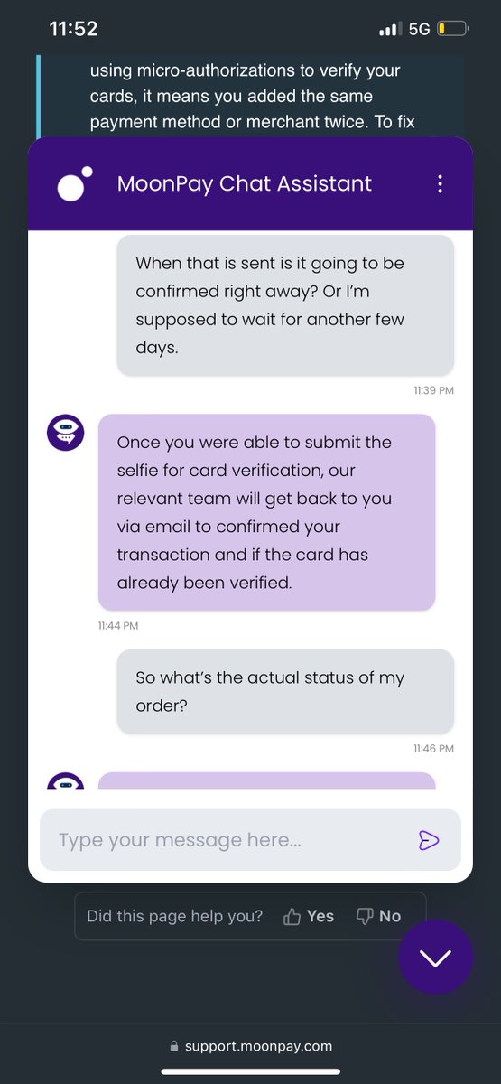 bravokevlar's tweet photo. @MoonPaySupport Update after 3 days of pending. @MoonPaySupport https://t.co/xHwuaj570a